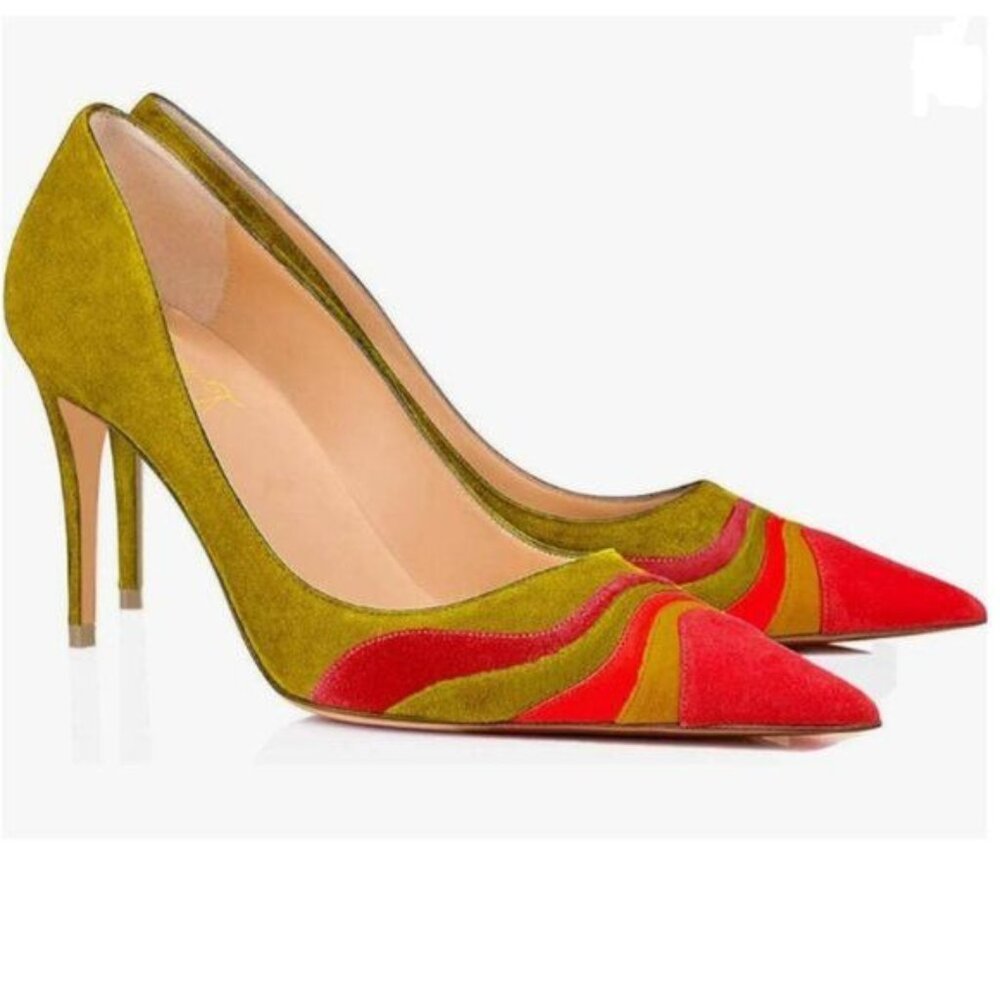 FOWT Yellow Red High Heel Pointed Toe Pump Slip-on Rainbow Shoes for Dress Party